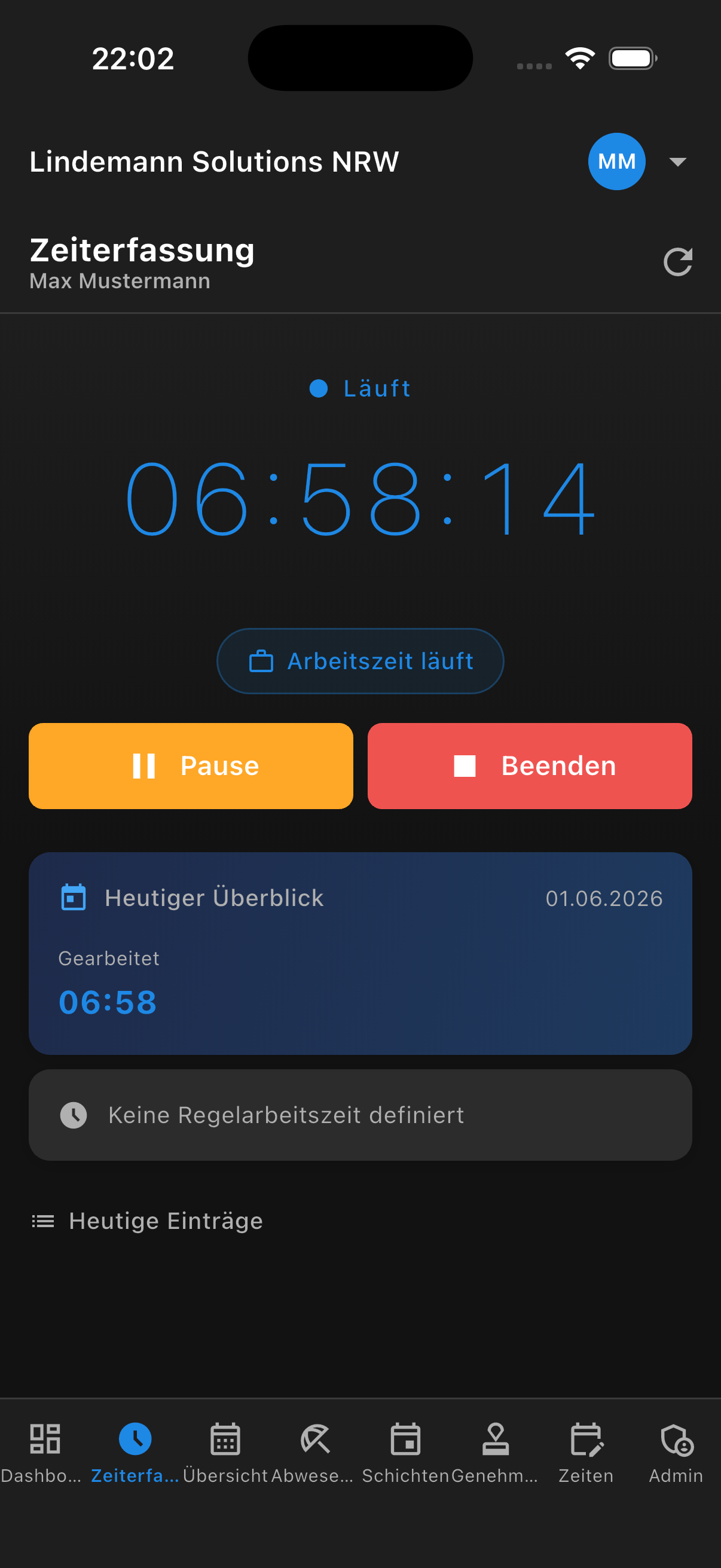 LS Zeiterfassung — Stempel-Screen