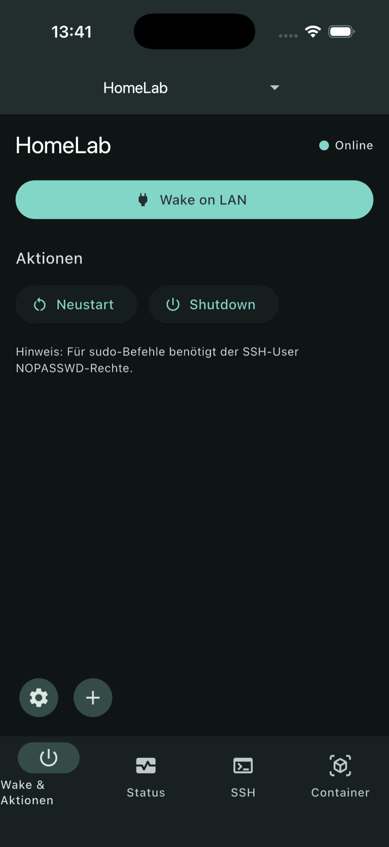 WOL & Server App auf dem iPhone — Aktionen-Tab mit Wake on LAN