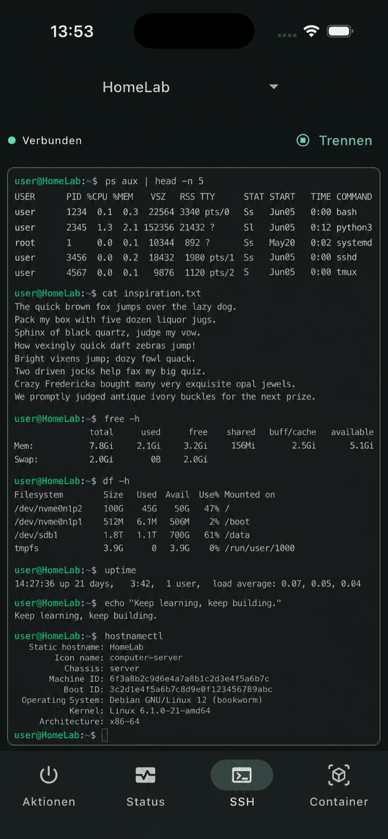 Voll-funktionale SSH-Konsole direkt in der App