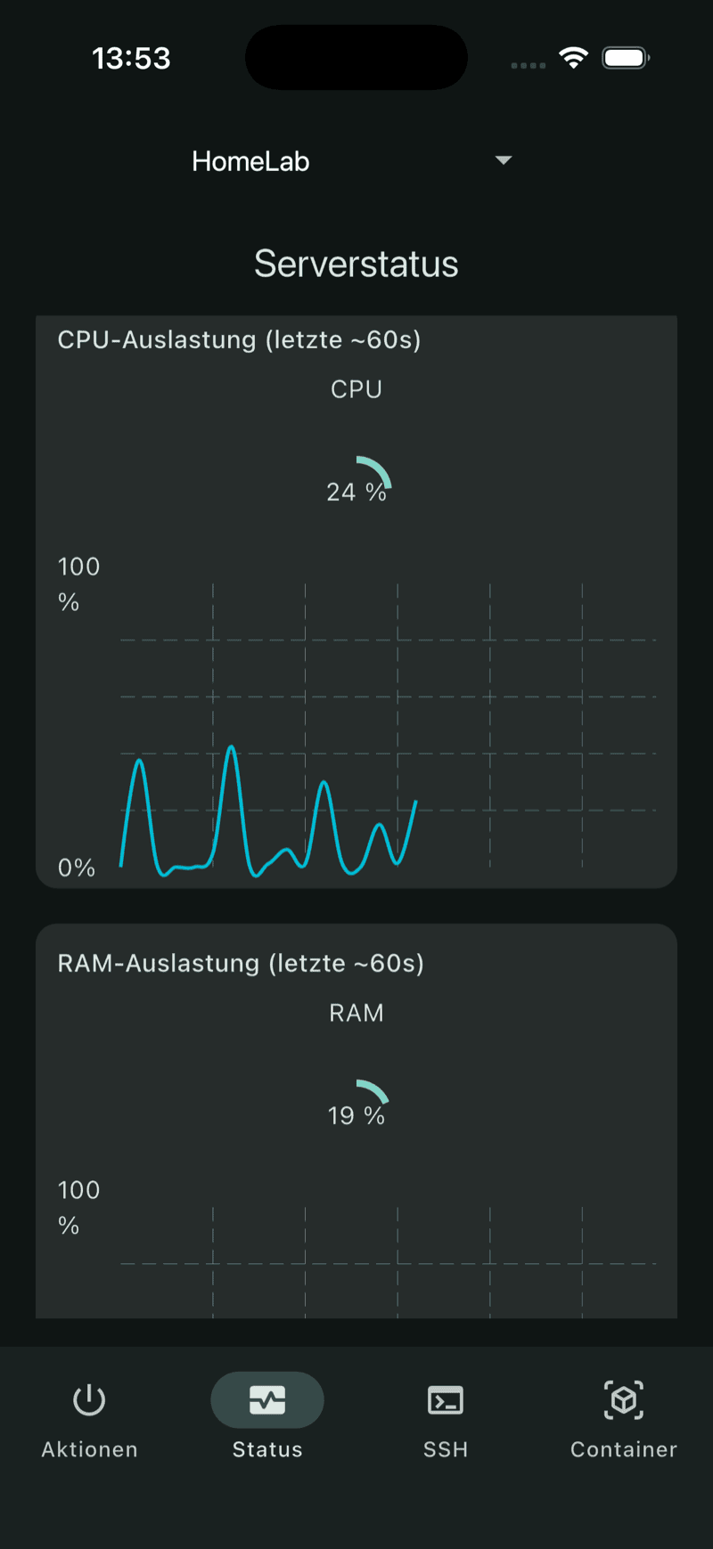 Live-Status: CPU- und RAM-Auslastung der letzten 60 Sekunden